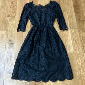 Vintage Cachet Black lace dress with slip!, buttons, elastic waist